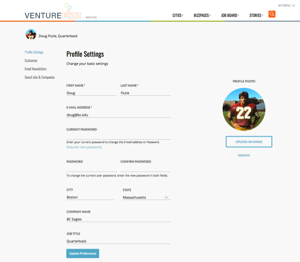 VentureFizz Profile Settings