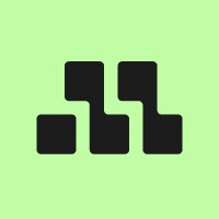 Abstract black geometric logo with three connected square blocks on a light green background.