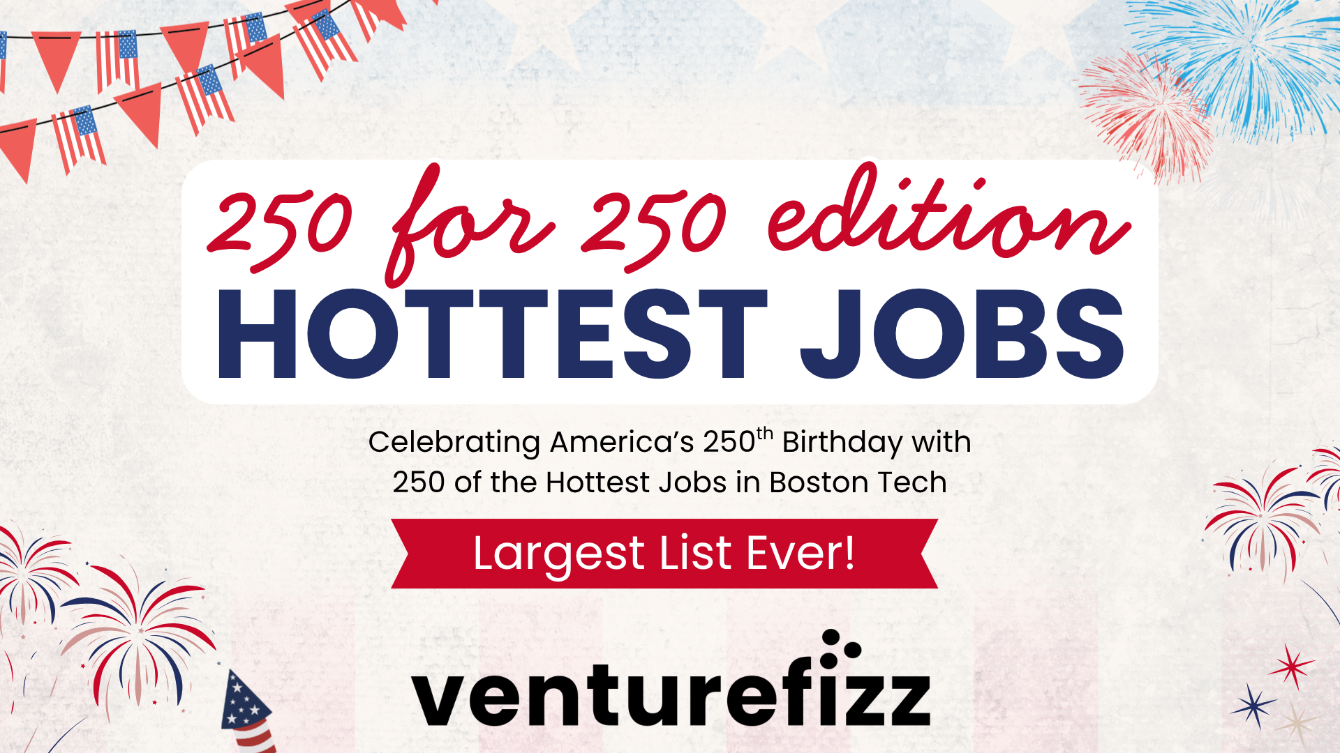 Patriotic banner announcing '250 for 250 edition HOTTEST JOBS' with fireworks and red-white-blue bunting for America's 250th birthday (hero image).