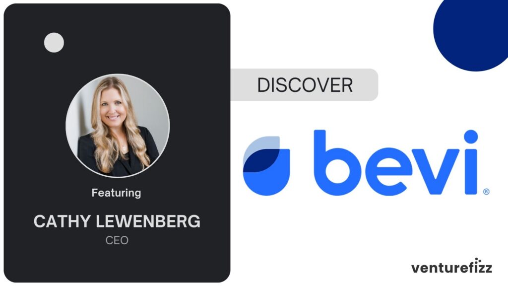 Profile card of Cathy Lewenberg, CEO, with her circular photo and 'Featuring Cathy Lewenberg' text on a dark panel, Bevi branding nearby.