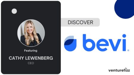 Profile card of Cathy Lewenberg, CEO, with her circular photo and 'Featuring Cathy Lewenberg' text on a dark panel, Bevi branding nearby.