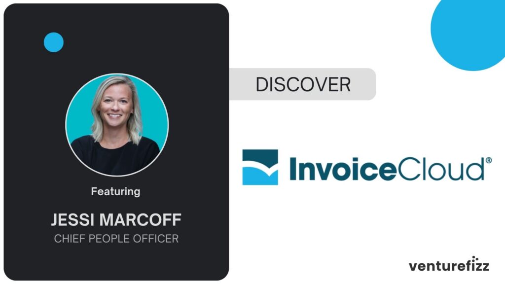 Speaker card: Jessi Marcoff, Chief People Officer, smiling headshot in a teal circle on a dark panel with 'Featuring' label.