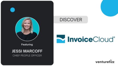 Speaker card: Jessi Marcoff, Chief People Officer, smiling headshot in a teal circle on a dark panel with 'Featuring' label.
