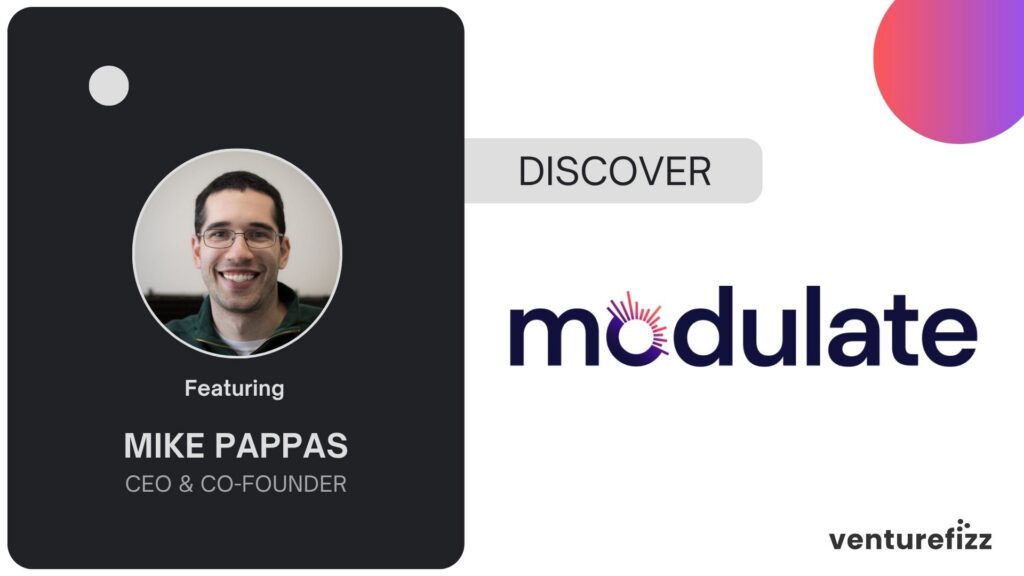 Speaker card featuring Mike Pappas: photo in a circular frame on a dark rounded panel, with title 'CEO & Co-Founder' and 'Featuring' text; includes Discover button and Modulate/VentureFizz logos.