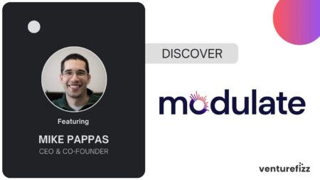 Speaker card featuring Mike Pappas: photo in a circular frame on a dark rounded panel, with title 'CEO & Co-Founder' and 'Featuring' text; includes Discover button and Modulate/VentureFizz logos.
