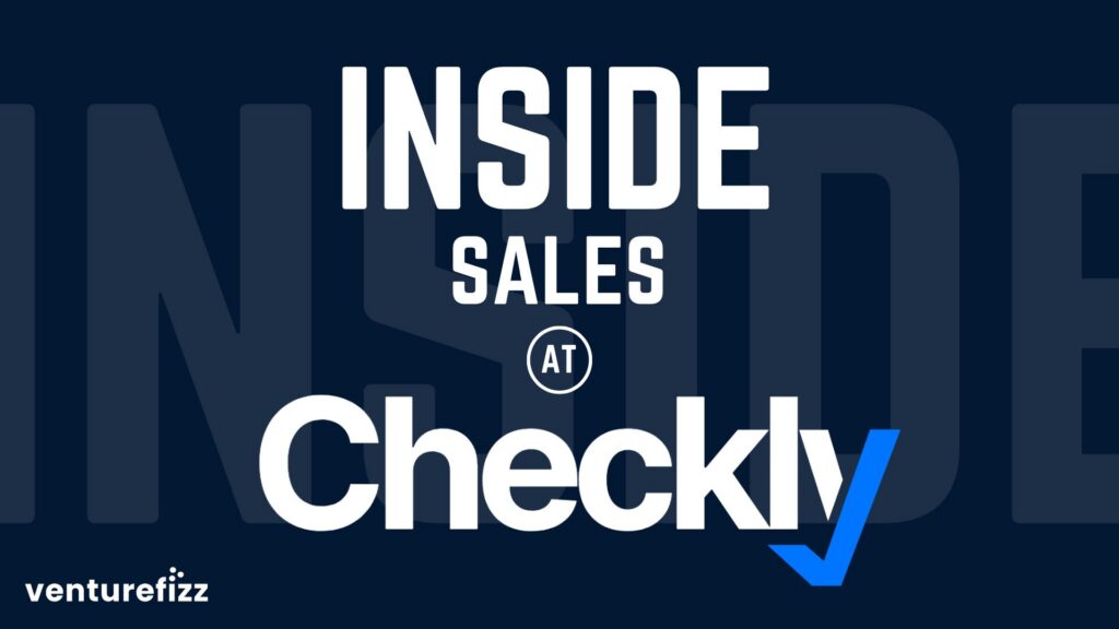 Graphic banner with large white text 'INSIDE SALES' and 'Checklist' on a dark blue background, plus a blue checkmark and small 'AT' circle; VentureFizz logo bottom left.