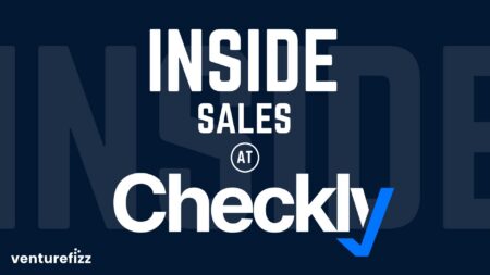 Graphic banner with large white text 'INSIDE SALES' and 'Checklist' on a dark blue background, plus a blue checkmark and small 'AT' circle; VentureFizz logo bottom left.