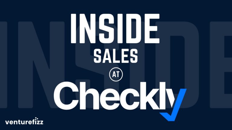 Graphic banner with large white text 'INSIDE SALES' and 'Checklist' on a dark blue background, plus a blue checkmark and small 'AT' circle; VentureFizz logo bottom left.