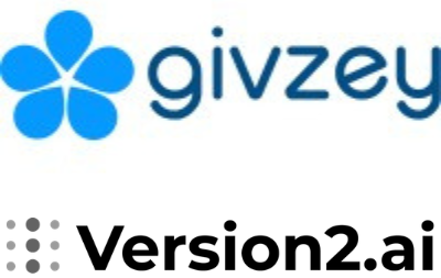 Brand logo featuring a blue four-petal flower mark next to the word 'givzey' and a 'Version2.ai' mark with a dotted square icon.