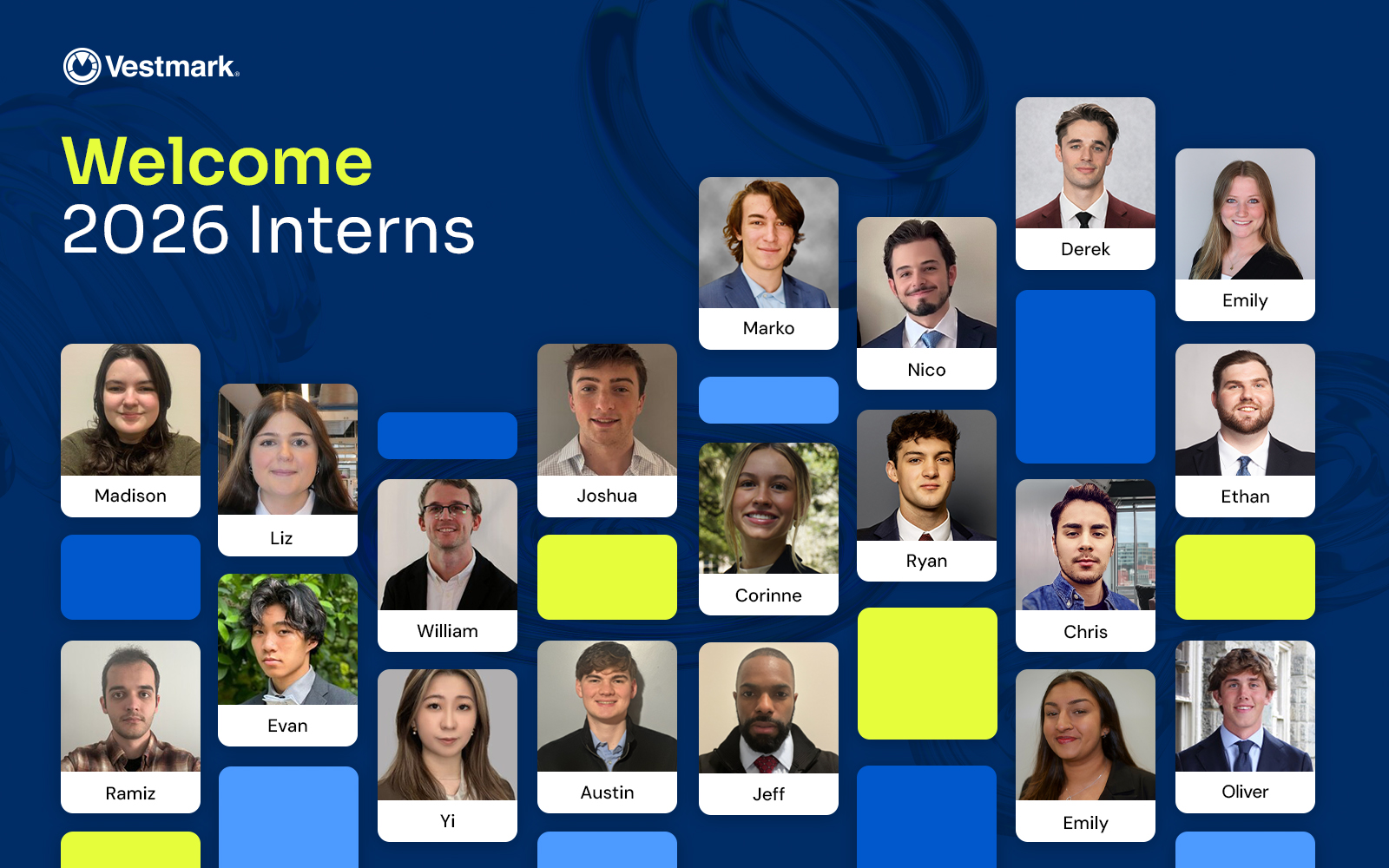 Welcome 2026 Interns banner with multiple intern headshots on rounded cards over a blue background, includes name captions under each photo.