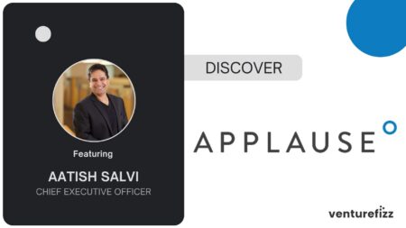 Dark panel featuring a circular photo of Aatish Salvi with 'Featuring AATISH SALVI' and 'CHIEF EXECUTIVE OFFICER' text. Right side shows 'DISCOVER' badge and APPLAUSE branding.