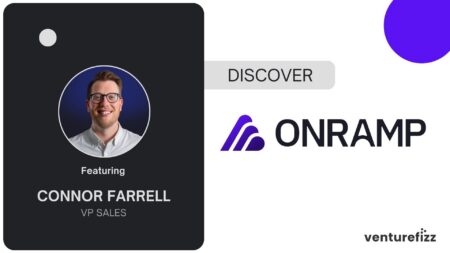 Promotional banner featuring Connor Farrell, VP of Sales, photo in a round frame on a dark panel with 'Featuring Connor Farrell, VP Sales', plus 'DISCOVER ONRAMP' and logos.