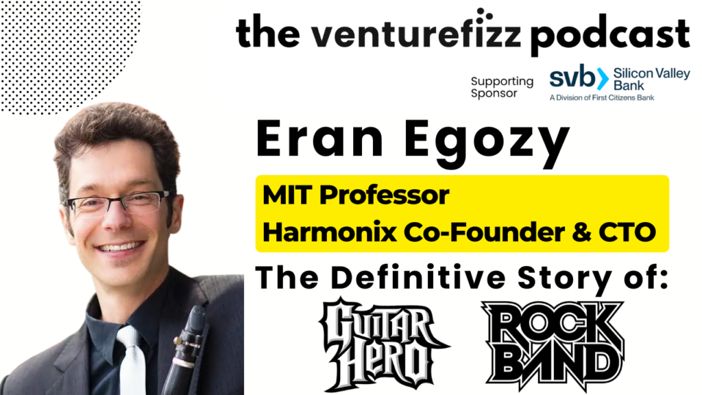 Poster-style image of Eran Egozy, MIT professor and Harmonix co-founder, with bold title text announcing the definitive story of Guitar Hero and Rock Band, including a yellow highlight behind the subtitle and sponsor logos in the header.