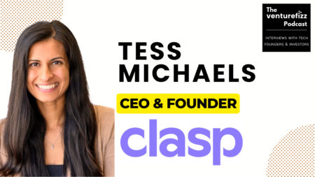 Portrait of Tess Michaels, CEO & Founder, on a The VentureFizz Podcast banner with the clasp logo in bold purple text.