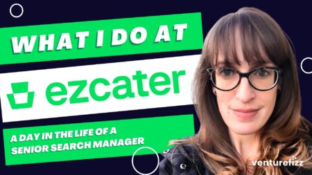 Banner featuring a woman with glasses on the right, with bold green and white titles about a senior search manager at ezCater.