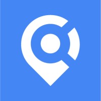 White location pin with a circular target on a blue background (logo).