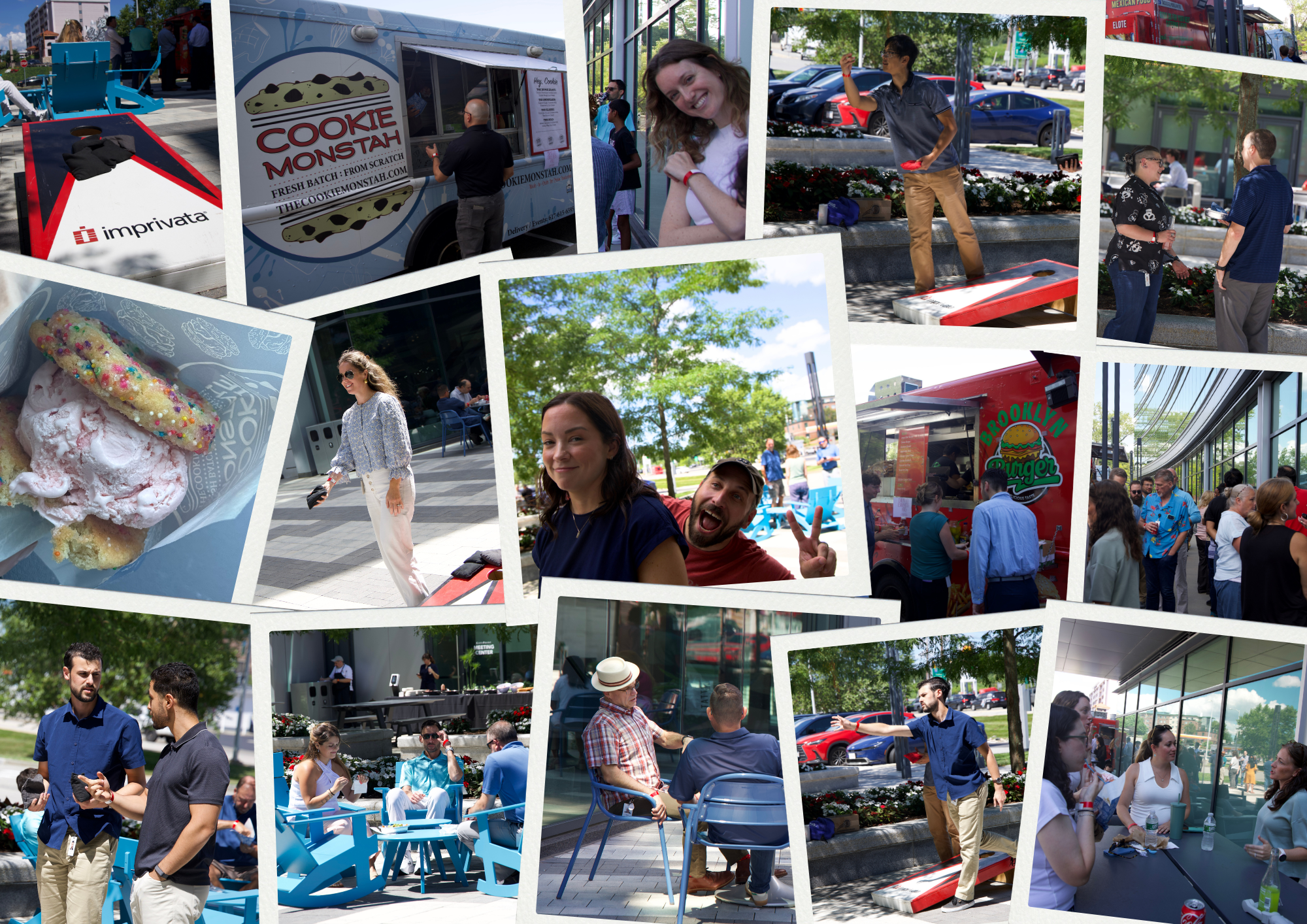 Collage of people at an outdoor street festival: cookie truck, ice cream, food trucks, blue seating, and socializing near a cornhole game.
