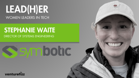 Hero banner introducing Stephanie Waite, Director of Systems Engineering, with 'LEAD(H)ER: Women Leaders in Tech' and a lime-green panel; grayscale portrait on the right