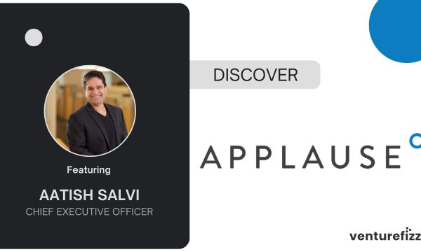 Dark panel featuring a circular photo of Aatish Salvi with 'Featuring AATISH SALVI' and 'CHIEF EXECUTIVE OFFICER' text. Right side shows 'DISCOVER' badge and APPLAUSE branding.