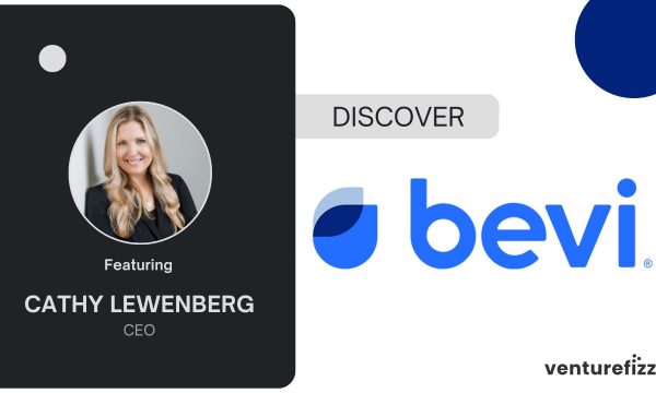 Profile card of Cathy Lewenberg, CEO, with her circular photo and 'Featuring Cathy Lewenberg' text on a dark panel, Bevi branding nearby.