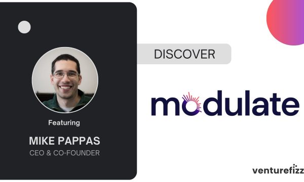 Speaker card featuring Mike Pappas: photo in a circular frame on a dark rounded panel, with title 'CEO & Co-Founder' and 'Featuring' text; includes Discover button and Modulate/VentureFizz logos.
