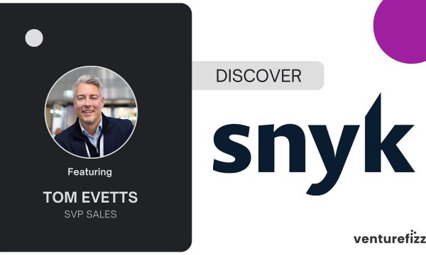 Promotional banner featuring a portrait of Tom Evitts, SVP Sales, with the text 'Featuring Tom Evitts' and logos for Snyk and VentureFizz.