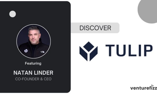 Speaker profile: Natan Linder, Co-Founder & CEO, photo in circular frame on dark panel with 'Featuring' label.