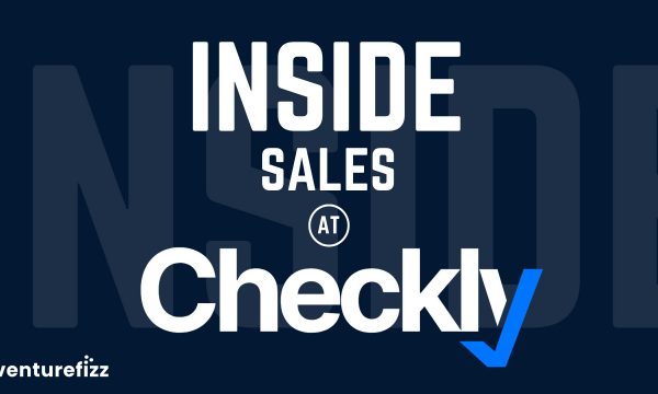 Graphic banner with large white text 'INSIDE SALES' and 'Checklist' on a dark blue background, plus a blue checkmark and small 'AT' circle; VentureFizz logo bottom left.