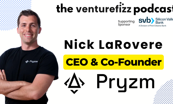 Promotional banner for the VentureFizz podcast: a man in a Pryzm shirt on the left, bold title text and a yellow-highlighted 'CEO & Co-Founder', with sponsor logos in the top right.