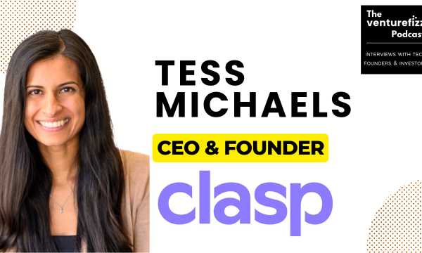 Portrait of Tess Michaels, CEO & Founder, on a The VentureFizz Podcast banner with the clasp logo in bold purple text.