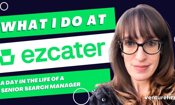 Banner featuring a woman with glasses on the right, with bold green and white titles about a senior search manager at ezCater.