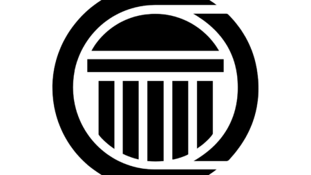 Bold black circular emblem featuring an inner curved arc and vertical bars, resembling a stylized gate or pillar inside a ring.